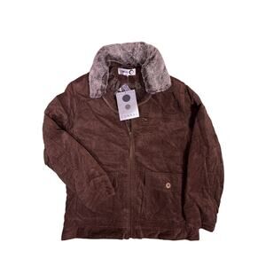 NWT Brown Corduroy Jacket Men’s Large Detachable Fur Collar Vintage Style Coat